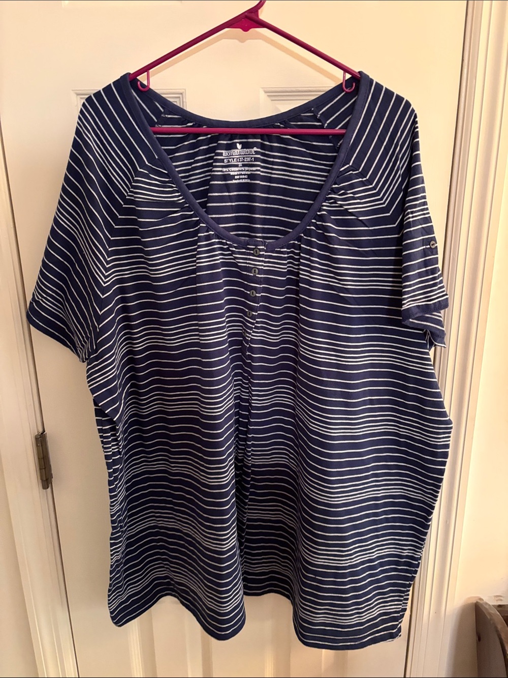 Woman Within Navy and White Striped Tunic Top
